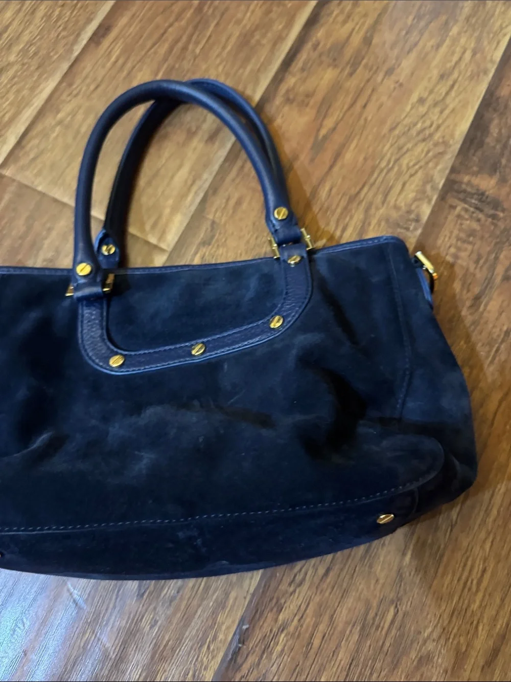 Tory Burch Navy Suede Shoulder Bag with Gold Logo
